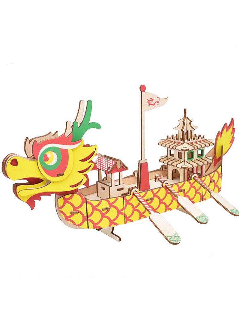 نموذج خشبي ثلاثي الأبعاد تعليمي للأطفال لعبة ألغاز مصنوعة يدويًا ذاتية التجميع (قارب التنين 100 قطعة) - Image 1